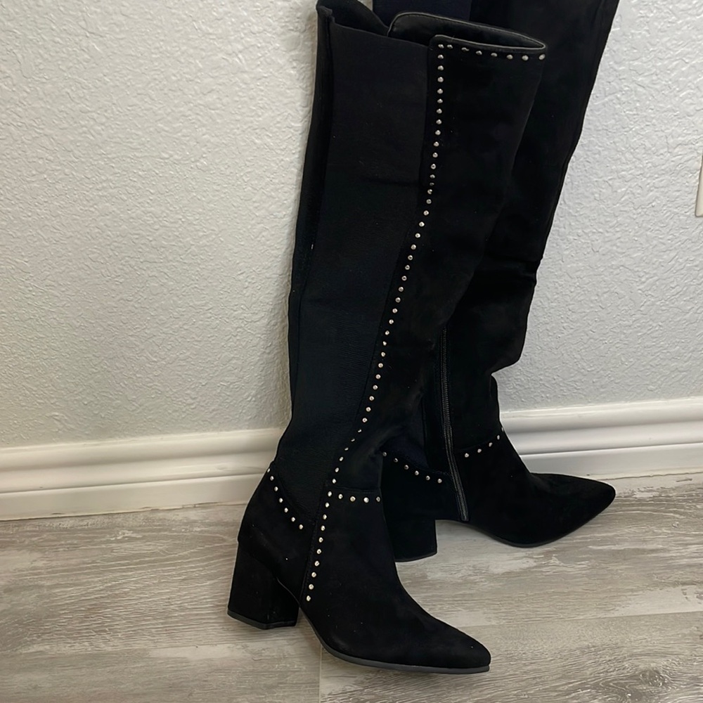NIB Seven Dials Niki Black Suedette OTK Metal Accent Fabric Boots 6